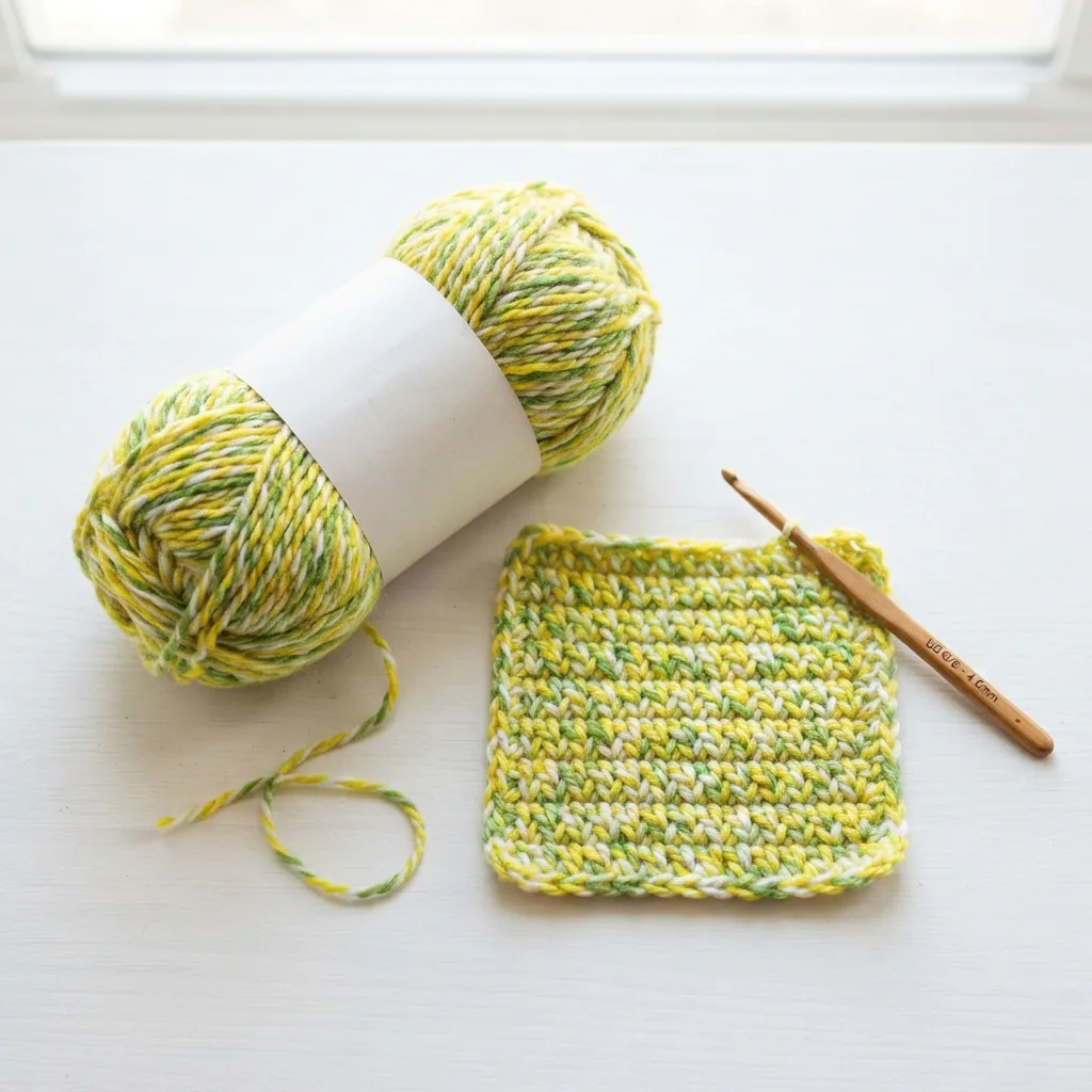A skein of Loops & Threads Multi Marled yarn in the Meadow color blend, displayed with a finished crochet swatch.