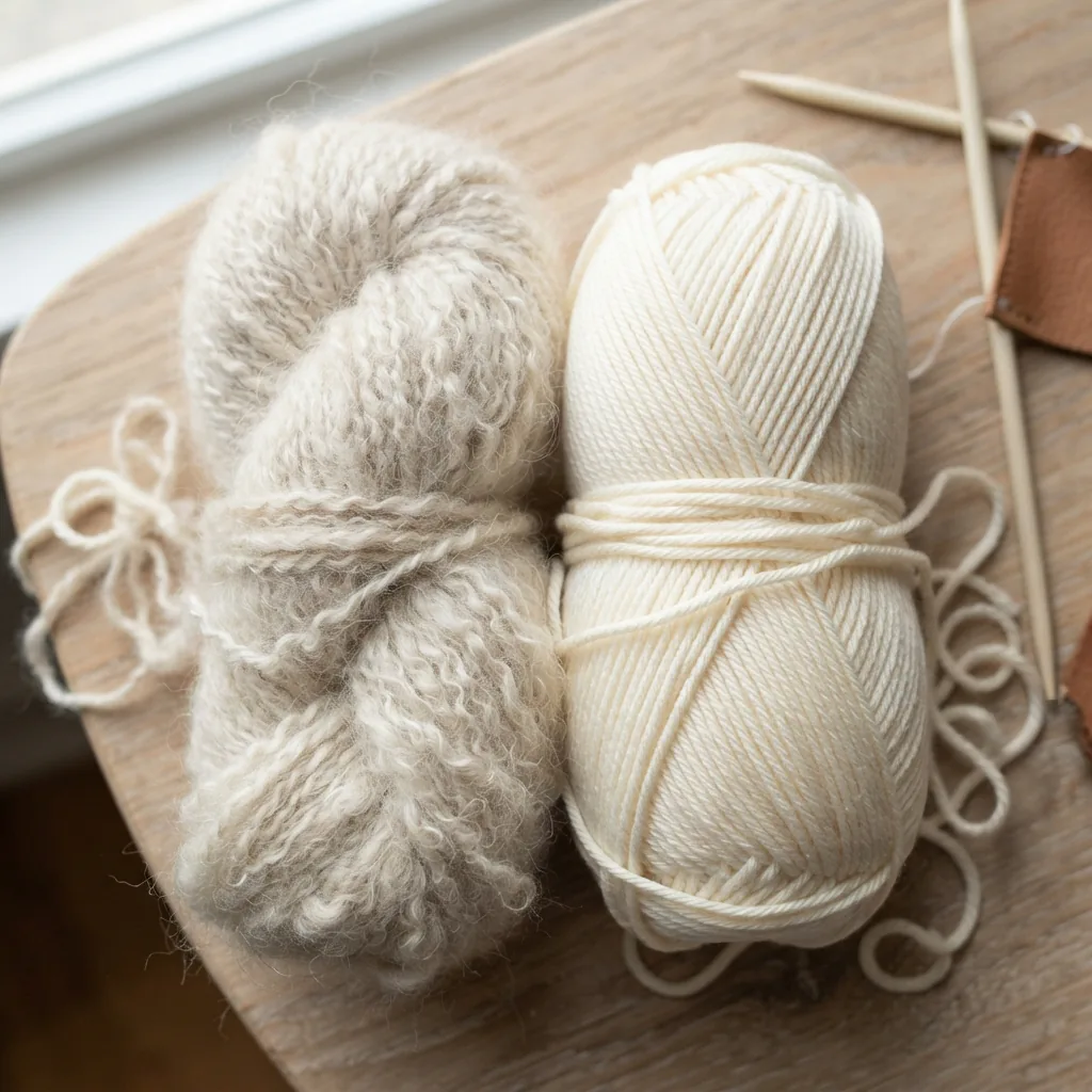 A close-up of soft, multi-colored yarn skeins showing the wool blend texture.