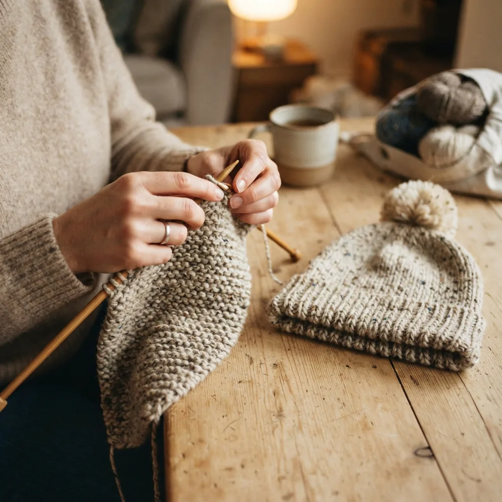 Hands knitting a scarf with heathered tweed yarn, with a finished hat nearby.