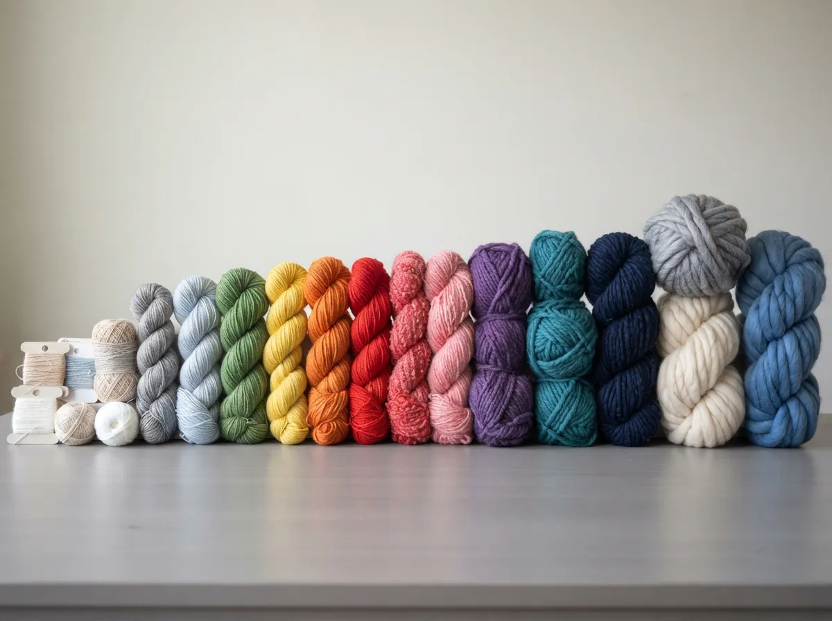 A visual spectrum of Loops & Threads yarns arranged from fine to bulky weight.