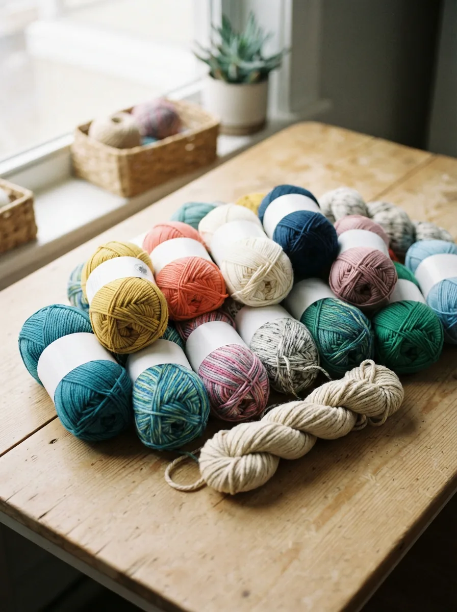 A soft, inviting arrangement of multiple skeins of Loops & Threads cotton yarn in assorted colors and textures on a light wooden surface.