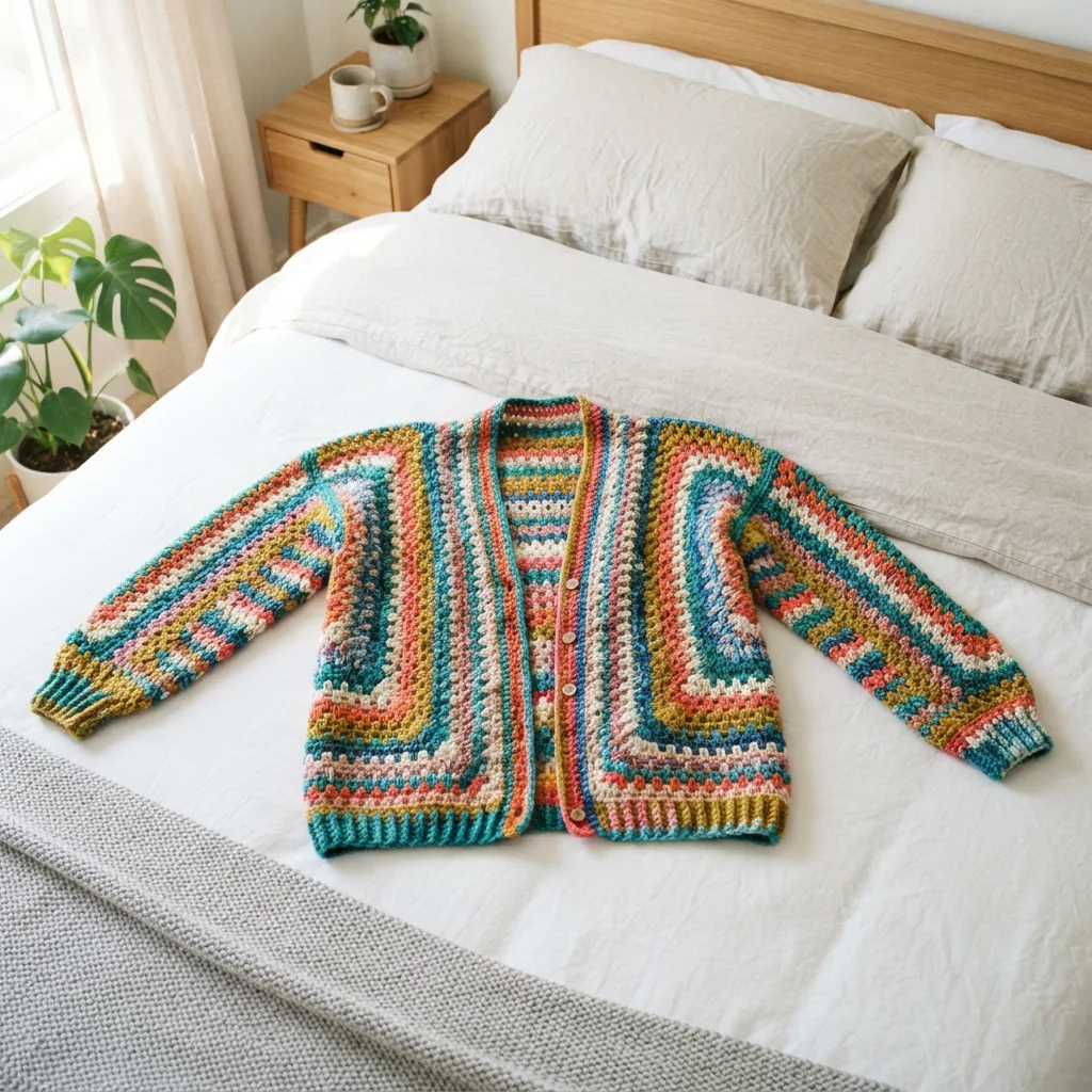 A crocheted cardigan made with Mixed Up yarn laid out on a bed.