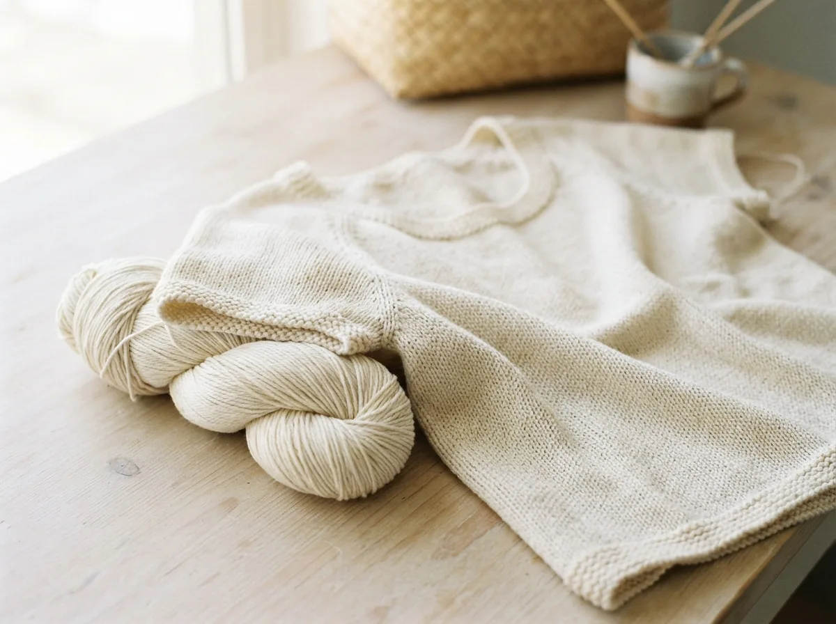 A skein of Cotton-Bamboo Blend Yarn in a natural color, draped with a lightweight, knitted summer top.