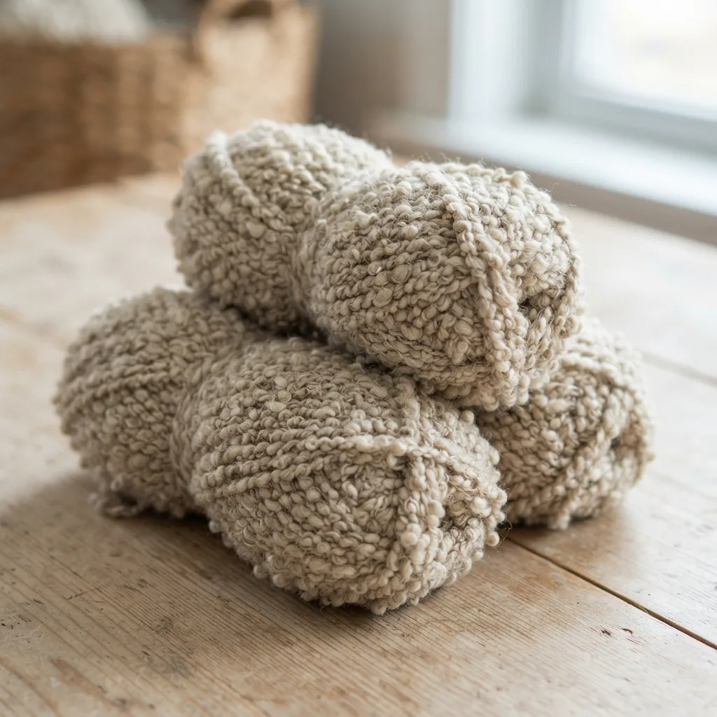A three-skein lot of Loops & Threads Country Loom Bulky Boucle Yarn shown together.