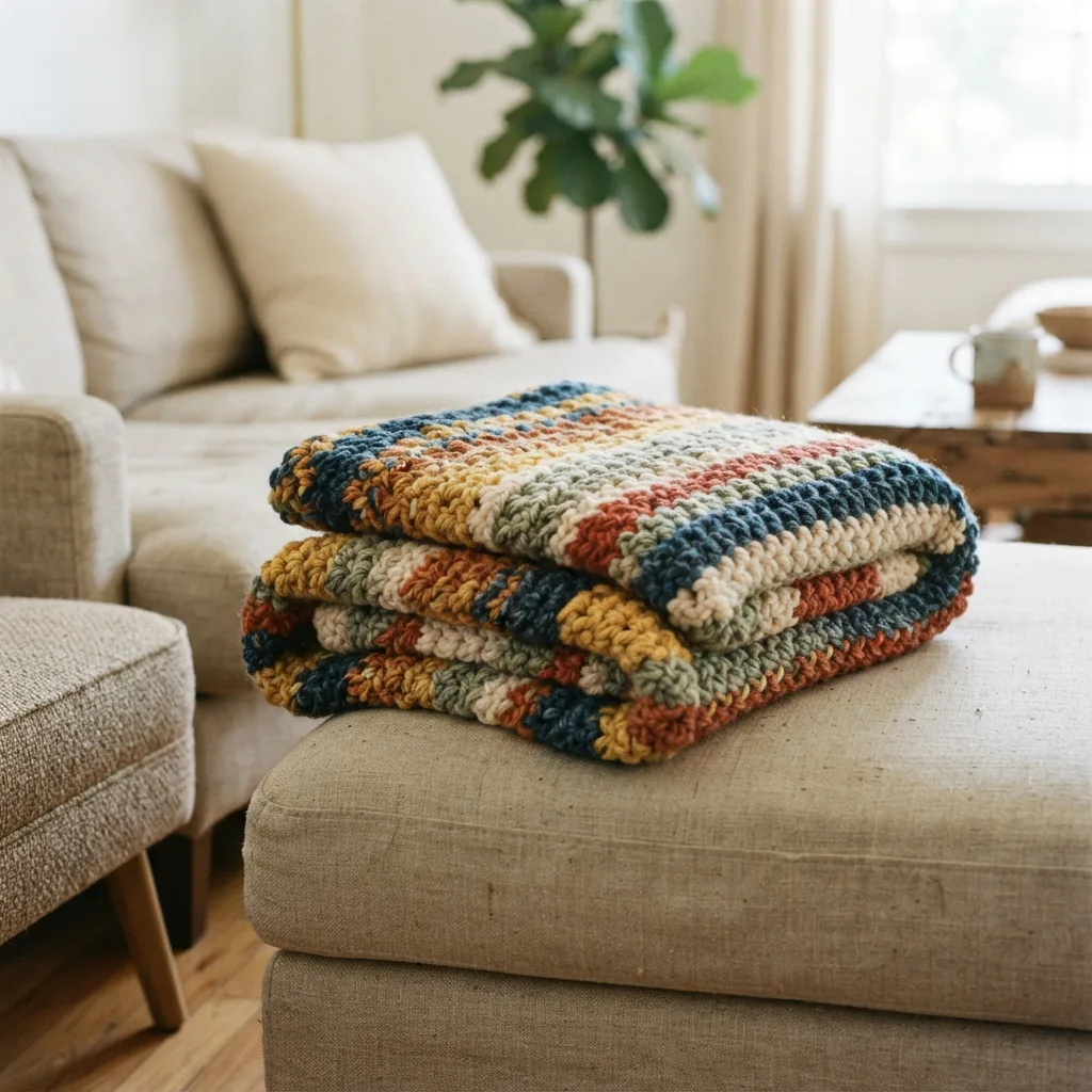 A folded, colorful blanket made from Barcelona yarn on a sofa.