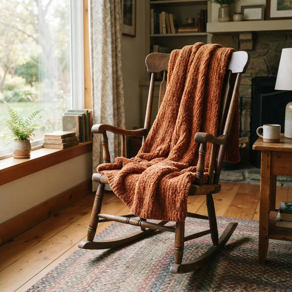 A cozy, thick chenille blanket draped over the back of a wooden rocking chair in a living room setting.