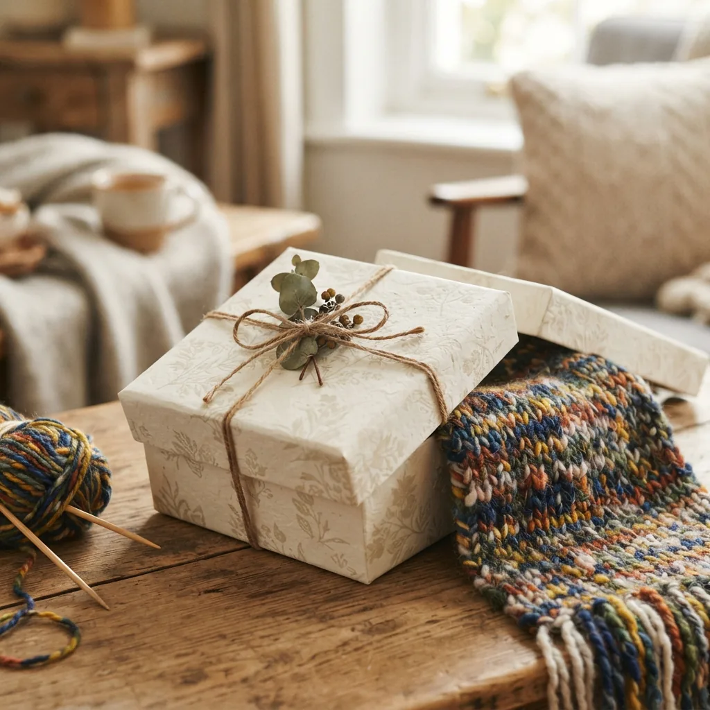 A gift box containing a knitted scarf and a small tag.