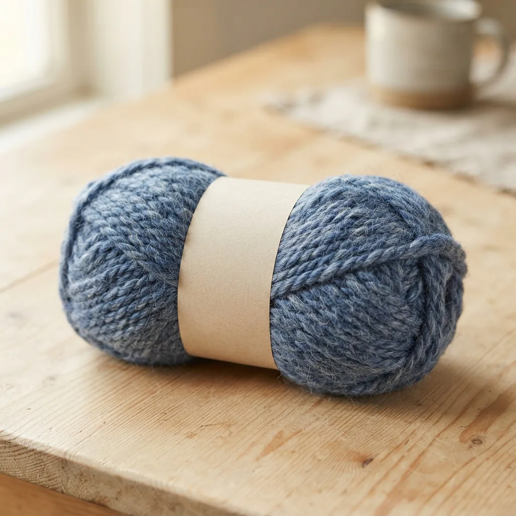 A single skein of Loops & Threads chunky yarn in a heathered blue color.
