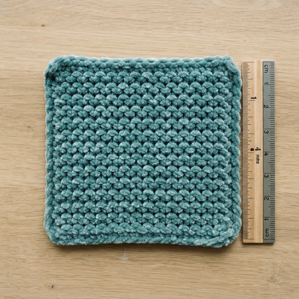 A finished knit gauge swatch lying flat next to a ruler for measurement.