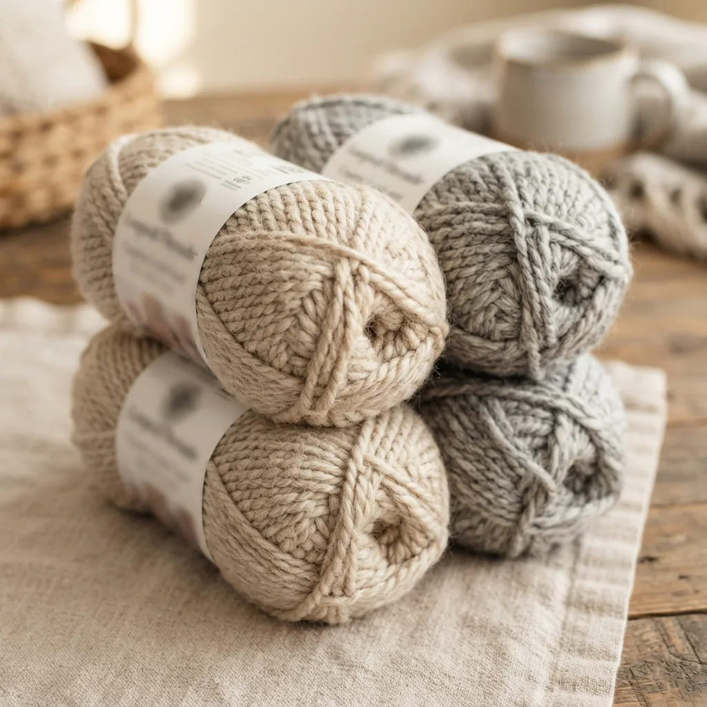 Four skeins of Loops & Threads Country Loom Yarn in beige and gray tones bundled together.