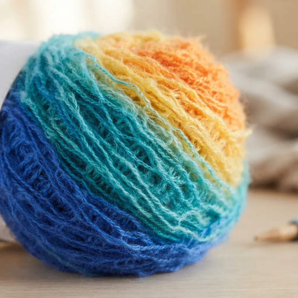 A ball of Loops & Threads Ombre Hues yarn showing its unique fuzzy chain texture.
