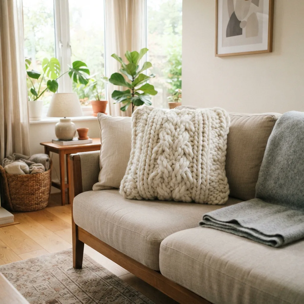 A white, chunky crocheted pillow cover on a sofa in a living room setting.