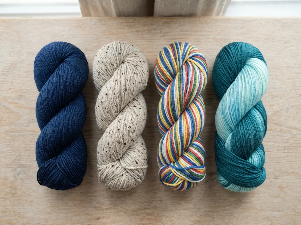 A selection of different Impeccable yarn styles laid out for comparison.