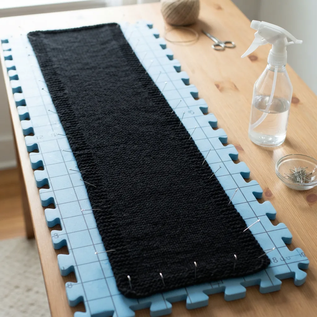 A finished knitted item is being pinned flat on a blocking mat.