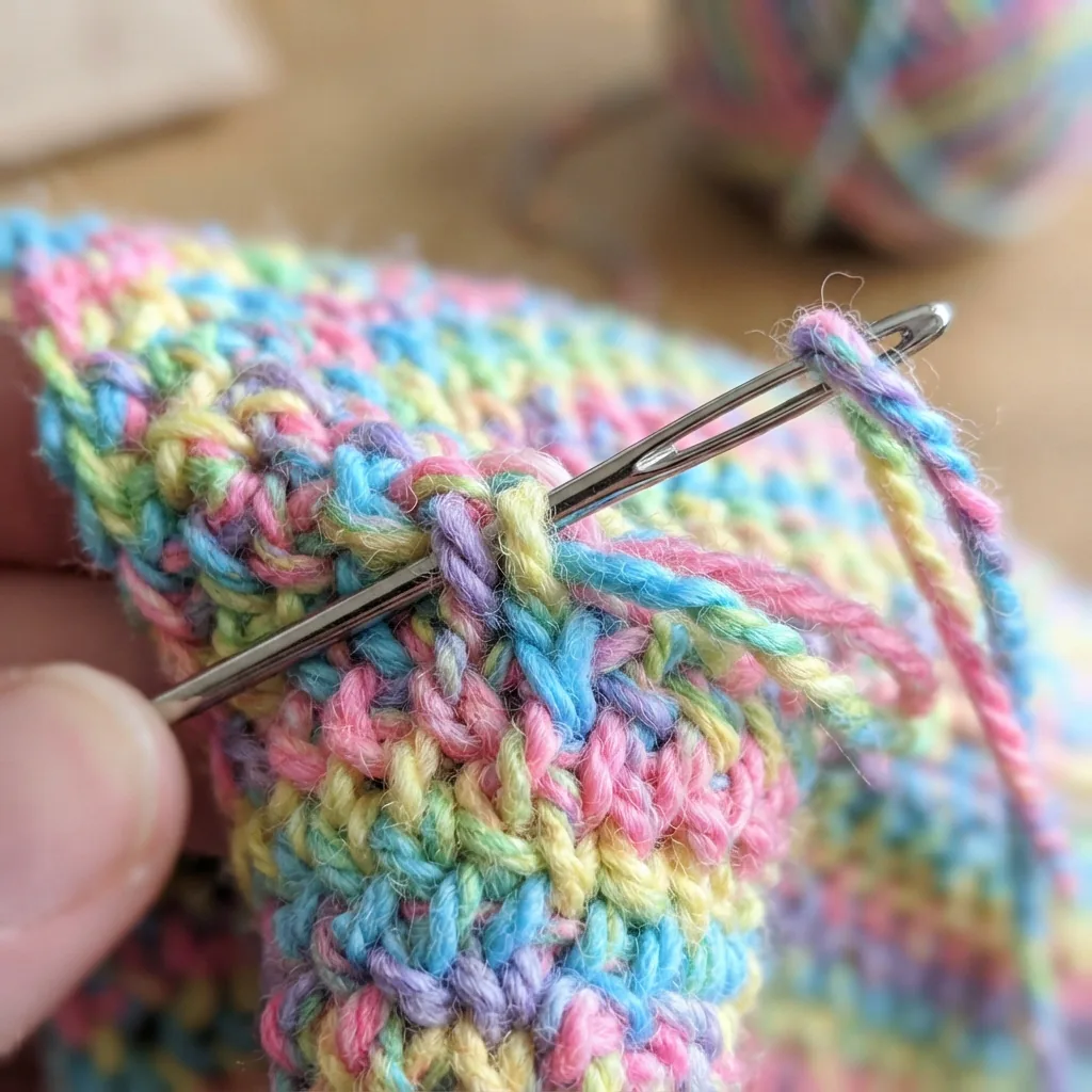 A tapestry needle weaving in the end of a yarn tail on a crocheted piece.