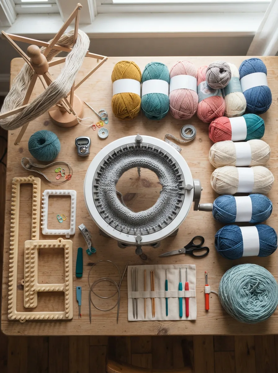 A collection of knitting tools including a circular machine, a loom set, and various yarn accessories arranged on a wooden table.