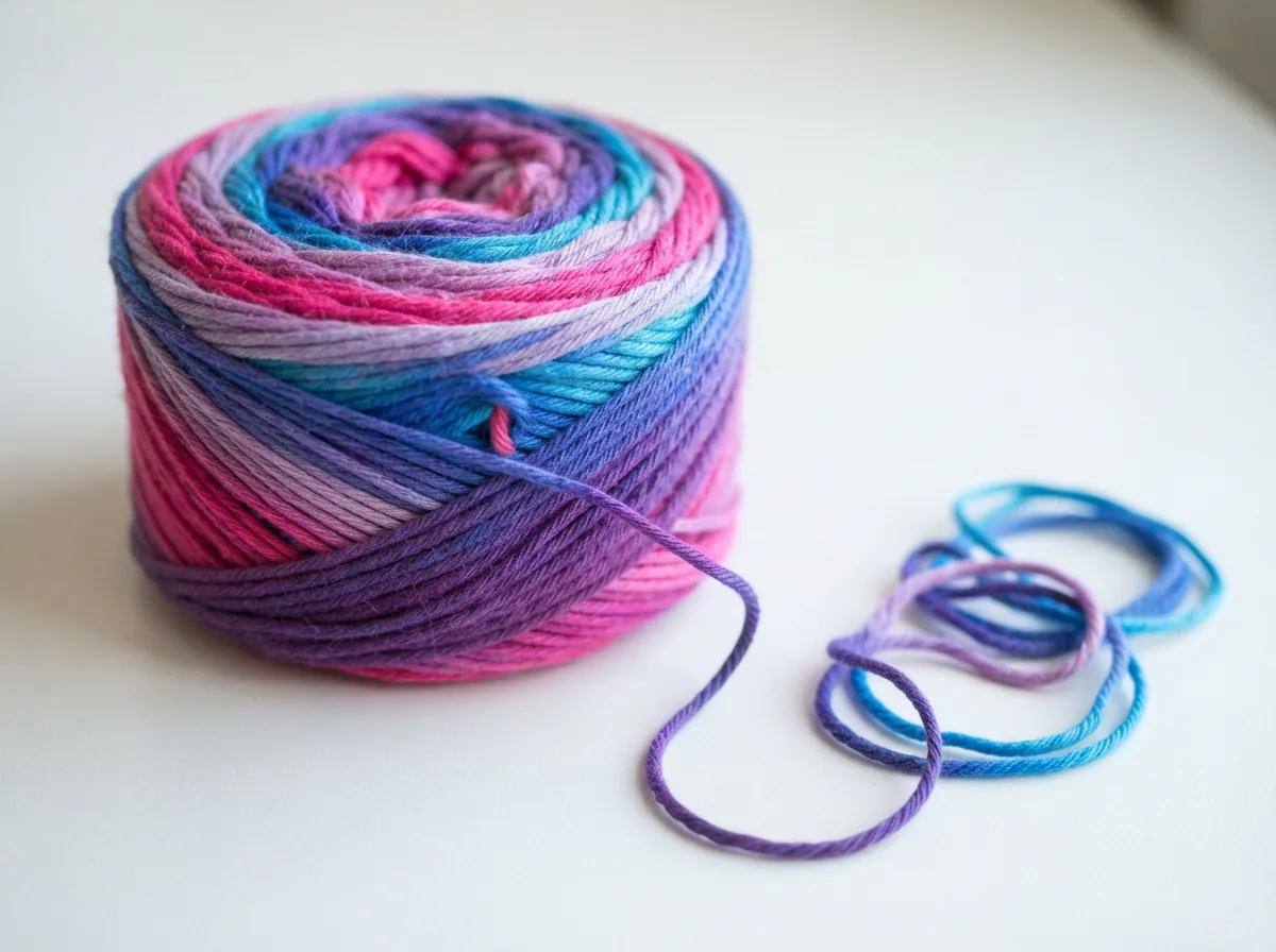 A skein of Loops & Threads Cotton Cake Yarn in a bright, multi-colored gradient, unwinding slightly to show the color transitions.