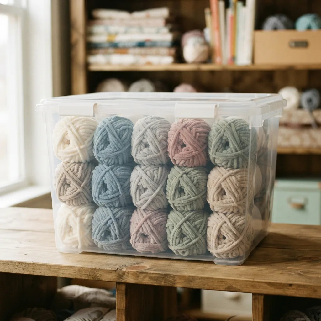 Skeins of chenille yarn stored neatly in a clear, lidded plastic bin.