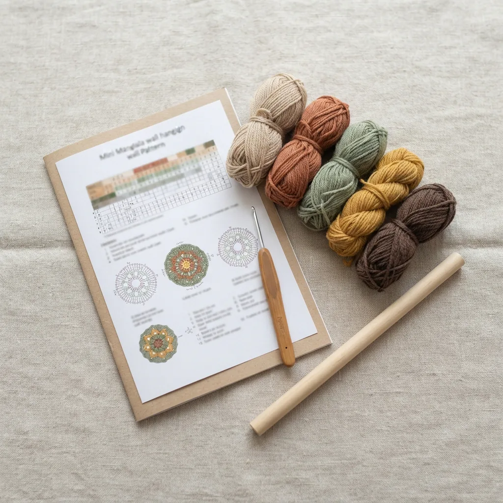 The Loops & Threads Crochet Kit - Mini Mandala Wall Hanging with its yarn and wooden dowel.
