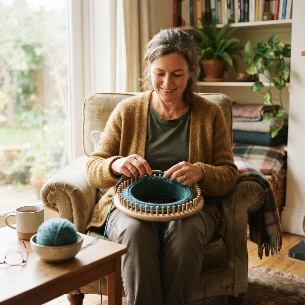 An adult crafting happily with a knitting loom.