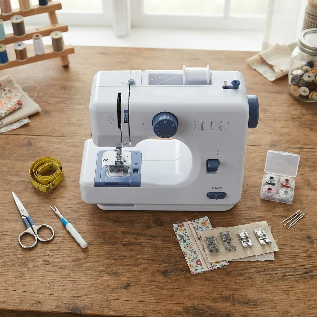 A sewing machine surrounded by a neatly arranged set of accessories including different presser feet, a measuring tape, and scissors.
