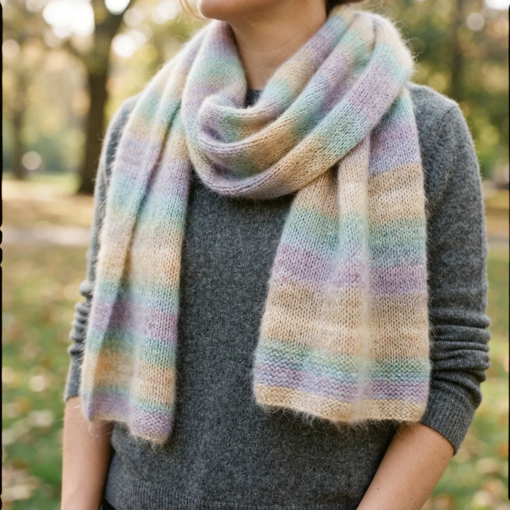 A person wearing a soft, knit scarf made with pastel purple Brushed Rainbow Yarn outdoors.
