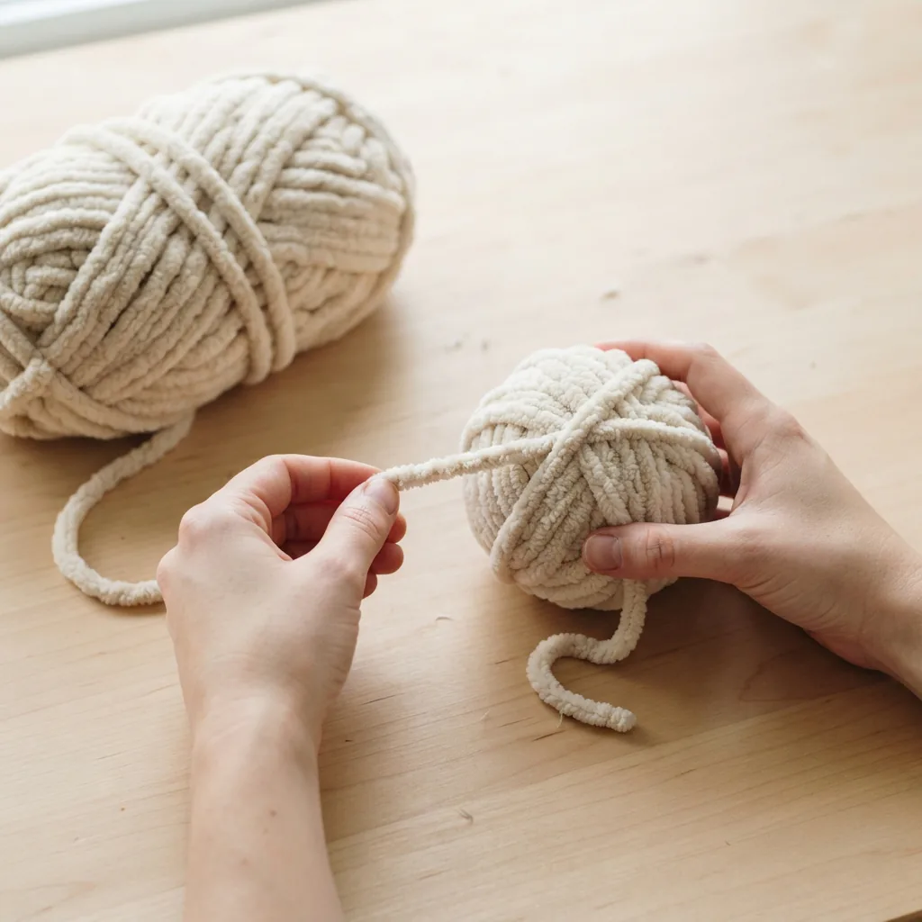 A skein of chenille yarn being wound into a neat, center-pull ball by hand.