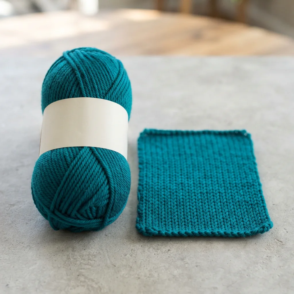 A skein of Loops & Threads Impeccable acrylic yarn in a bright teal color, with a knitted swatch showing its smooth texture.