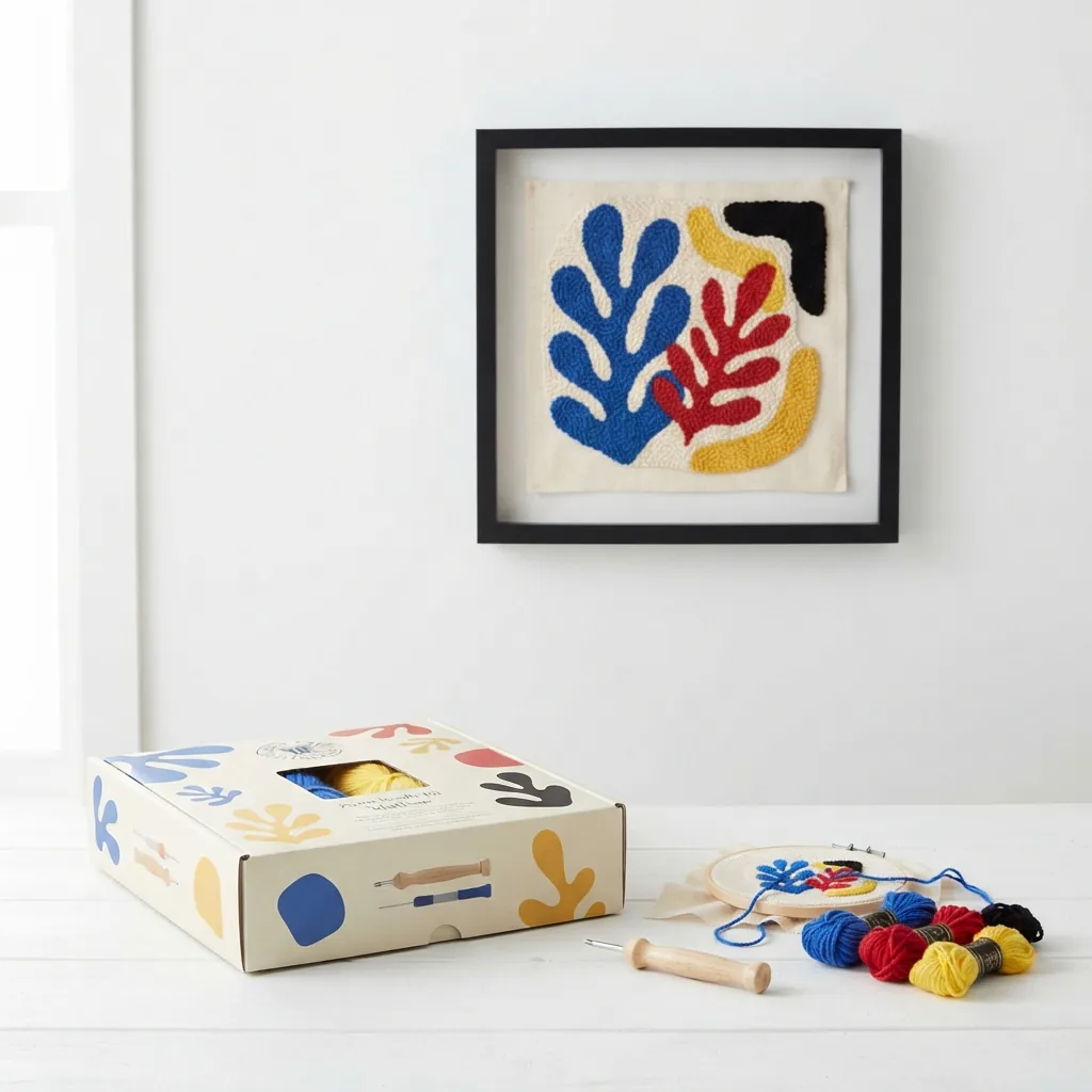 The Loops and Threads Punch Needle Kit for the Matisse design, with the abstract, colorful completed project on display.