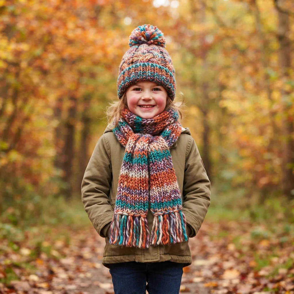A child wearing a colorful hat and scarf set made from Mixed Up yarn outdoors.