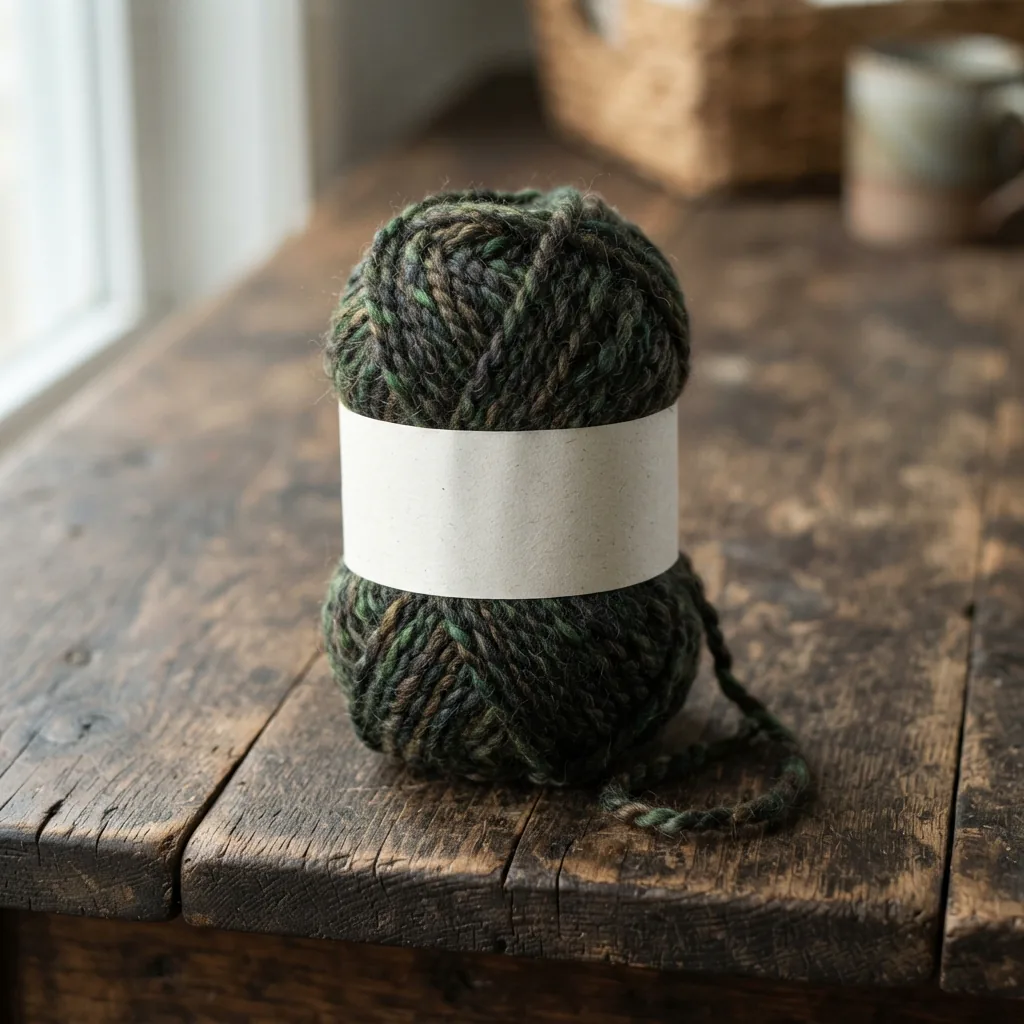 A skein of Loops & Threads Multi Marled yarn in the Forest Hike color blend, resting on a rustic wooden surface.