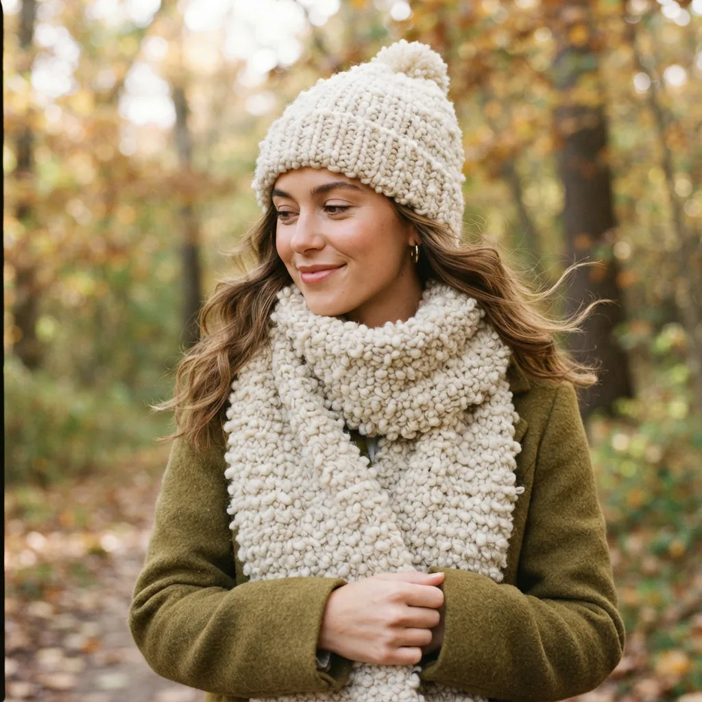 A person wearing a chunky, textured scarf and matching hat made from Cozy Boucle yarn.
