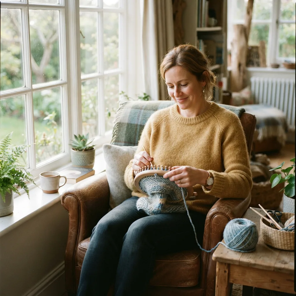 A person sitting in a cozy armchair, peacefully using the knitting loom in a quiet home setting.