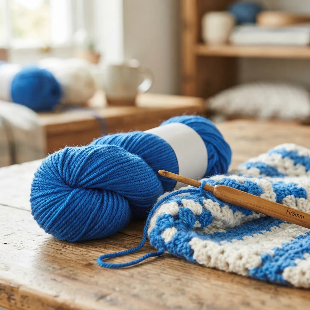 A blue skein of yarn with a crochet hook and a colorful project in progress.