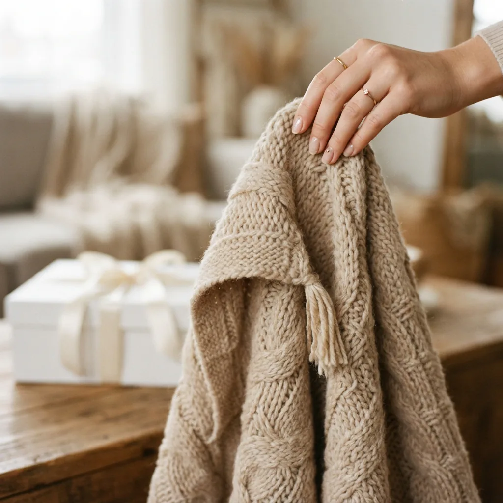 A hand holding the corner of a freshly made, soft knitted blanket as a gift.