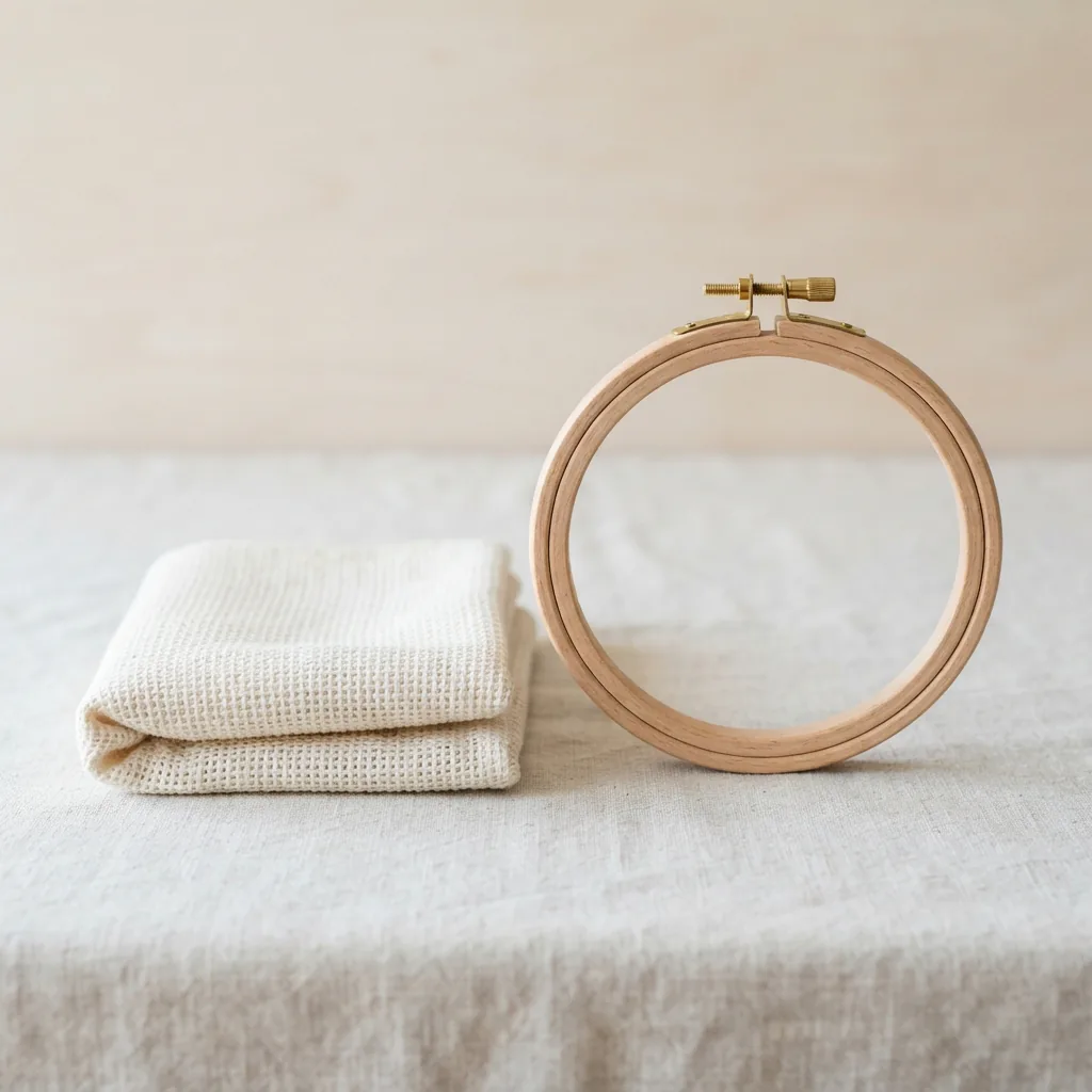 A pre-cut piece of monk's cloth and a sturdy 8-inch wooden embroidery hoop.