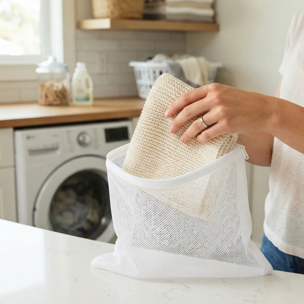 A finished cotton dishcloth being gently placed into a mesh laundry bag, ready for a machine wash cycle.