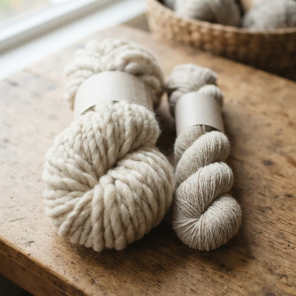 Skeins of yarn in different weights from super bulky to DK weight side by side.