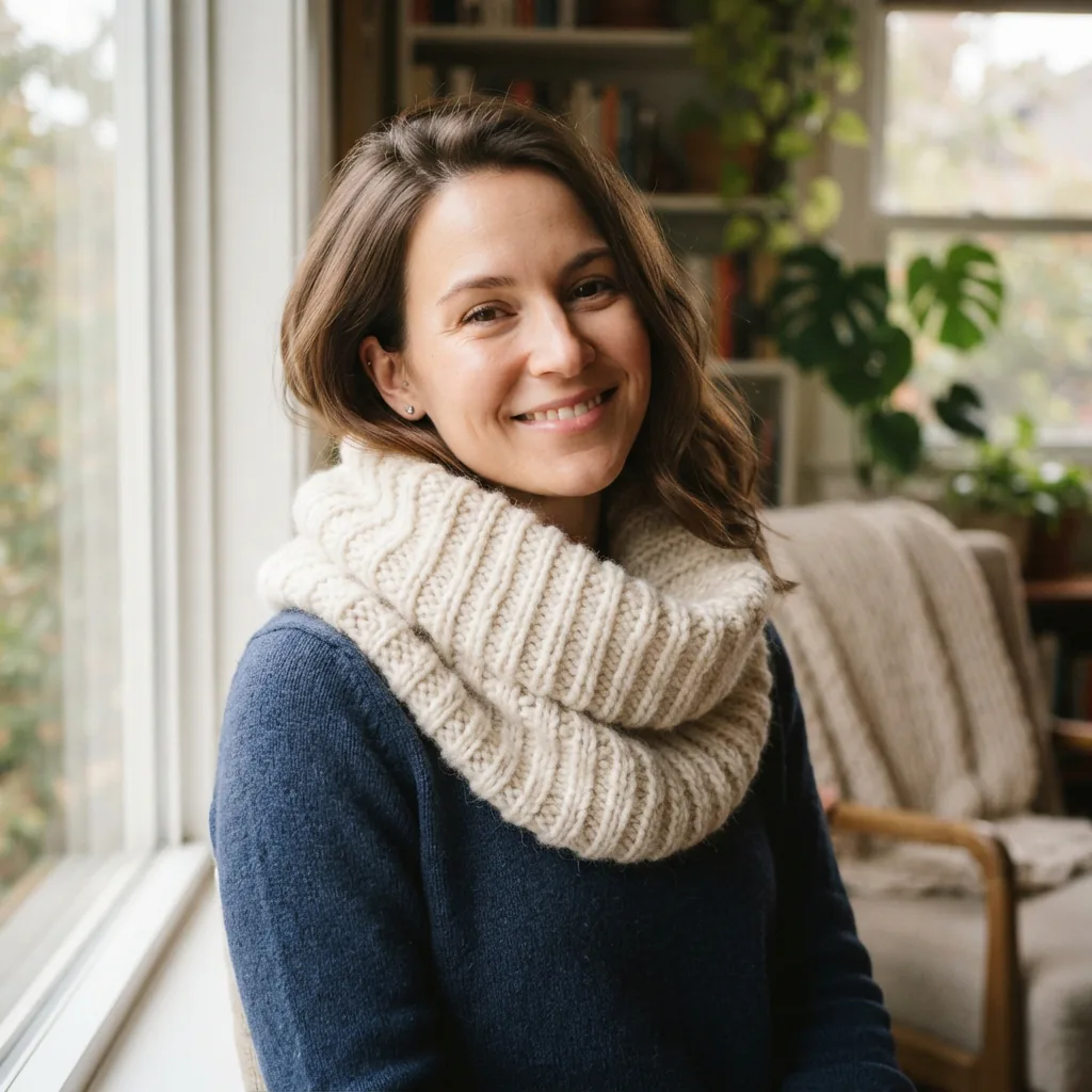 A person wearing a lightweight, knitted cowl made from the soft yarn, smiling comfortably.