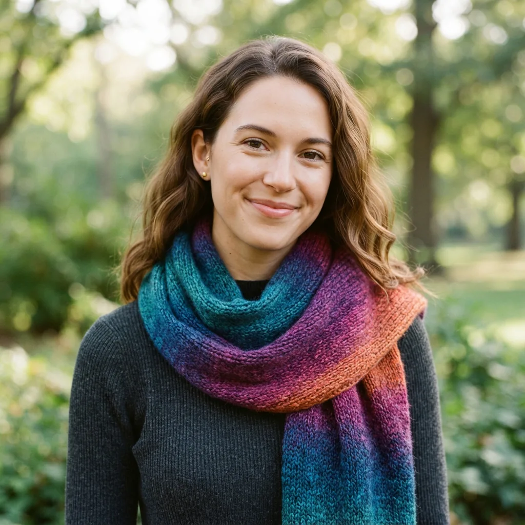 A person wearing a colorful ombre scarf made from Facets yarn outdoors.