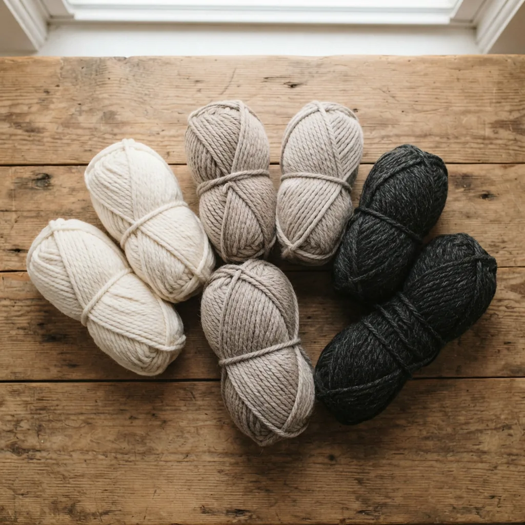 Skeins of earthy neutral Loops & Threads punch needle yarn in natural tones.