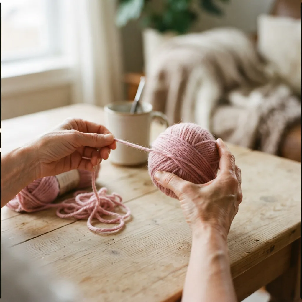 Hands carefully winding a skein of Impressions yarn into a neat ball.