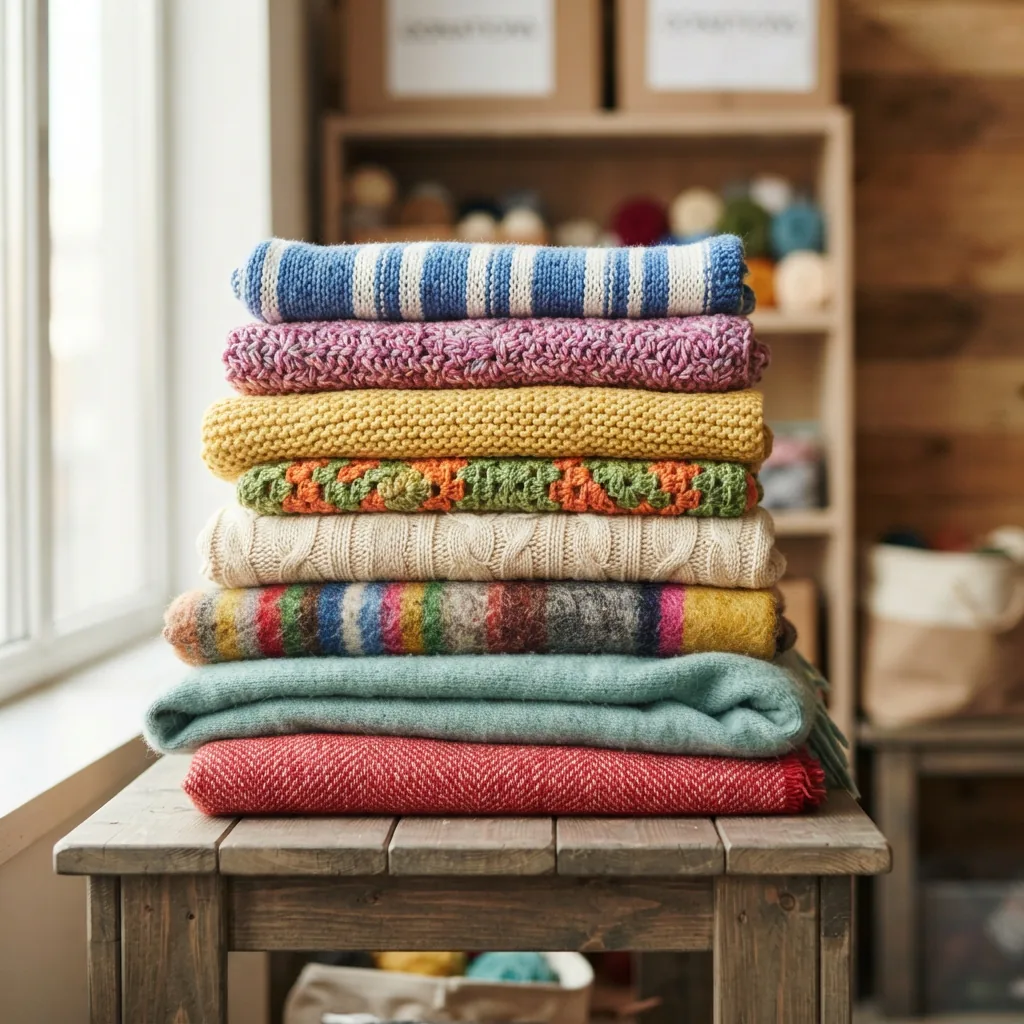 Several finished, knitted blankets stacked neatly, ready for donation.