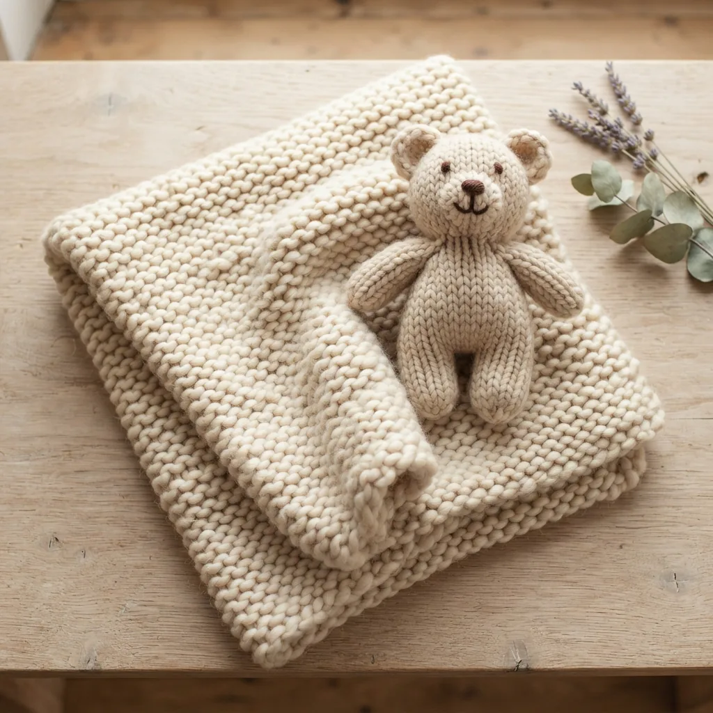 A handmade baby blanket and a small knitted toy made from soft bulky yarn.