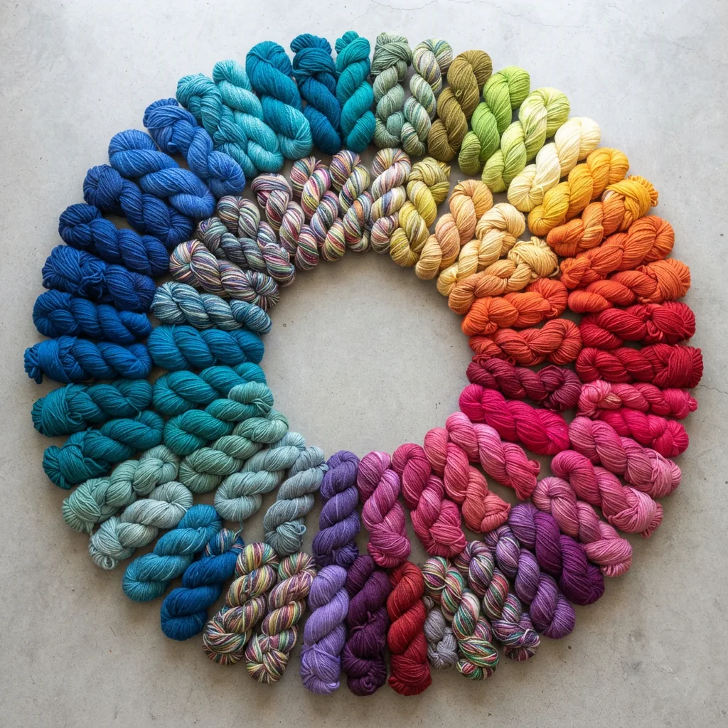 A vibrant array of Charisma yarn skeins in multiple solid and multicolor options, arranged in a color gradient.