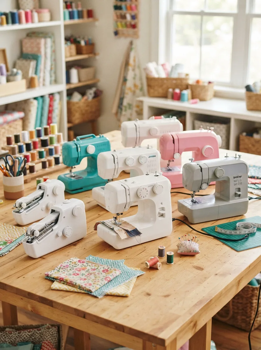 A collection of various Loops & Threads sewing machines arranged neatly on a light-colored craft table with spools of colorful thread.