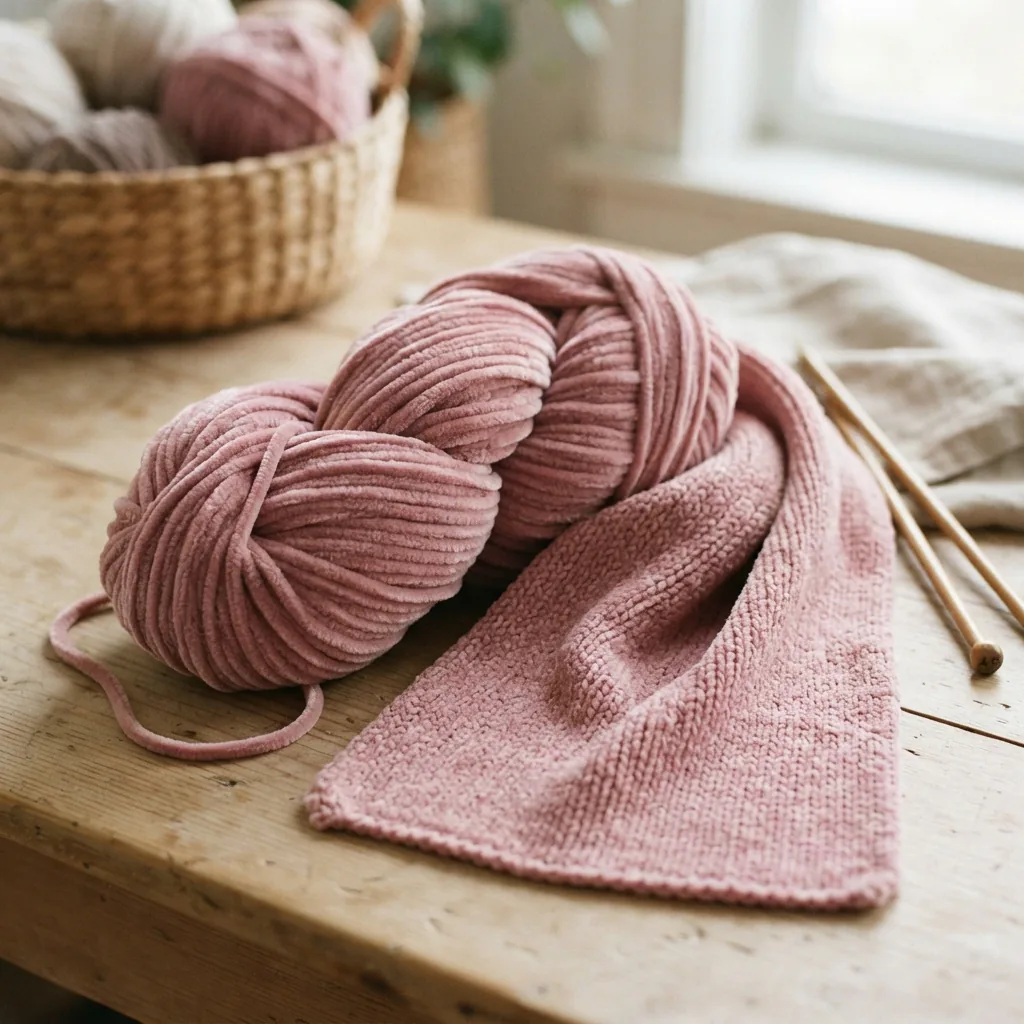 A large skein of Loops & Threads Skinny Chenille yarn