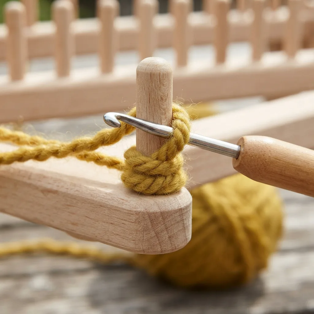 The metal hook tool lifting a loop of yarn over a peg on the knitting loom during the knitting process.