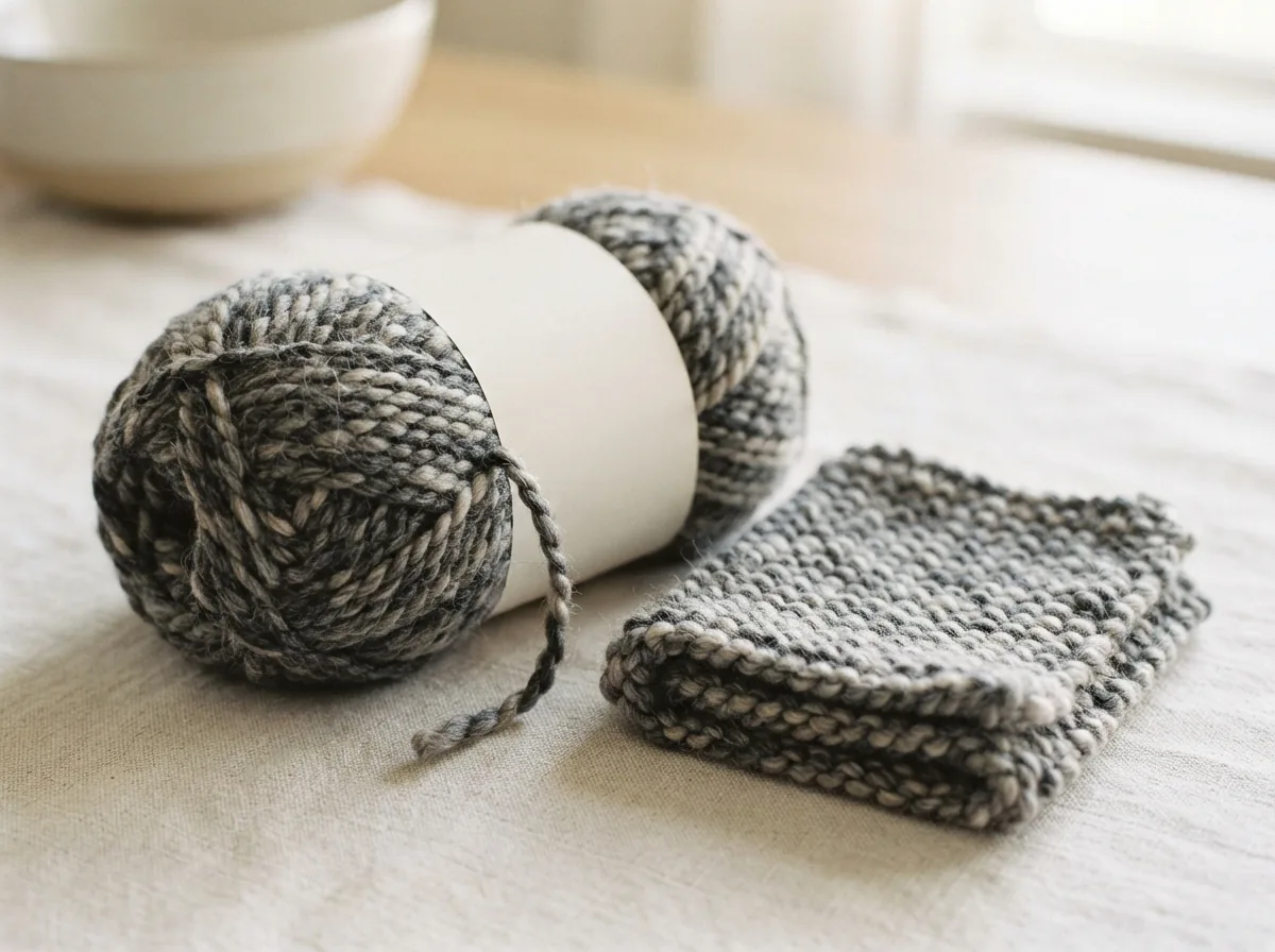 A prominently displayed skein of Loops & Threads Charisma Yarn in the heathered Ash color, with a soft, knitted swatch beside it.