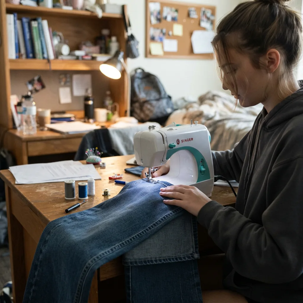 A small sewing machine being used on a college dorm desk to hem a pair of jeans.